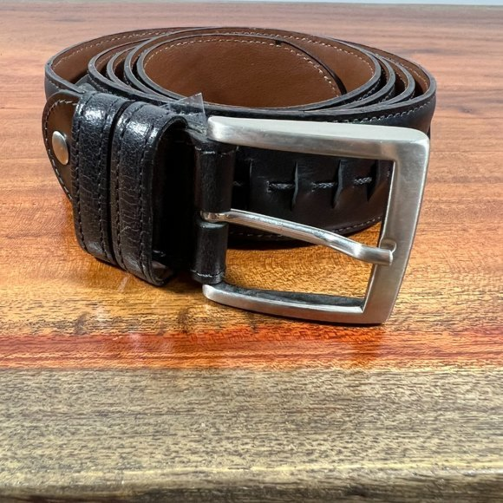 NWT KINGSPORT Black Genuine Leather Belt Brushed‎ Silver Buckle (125/50)